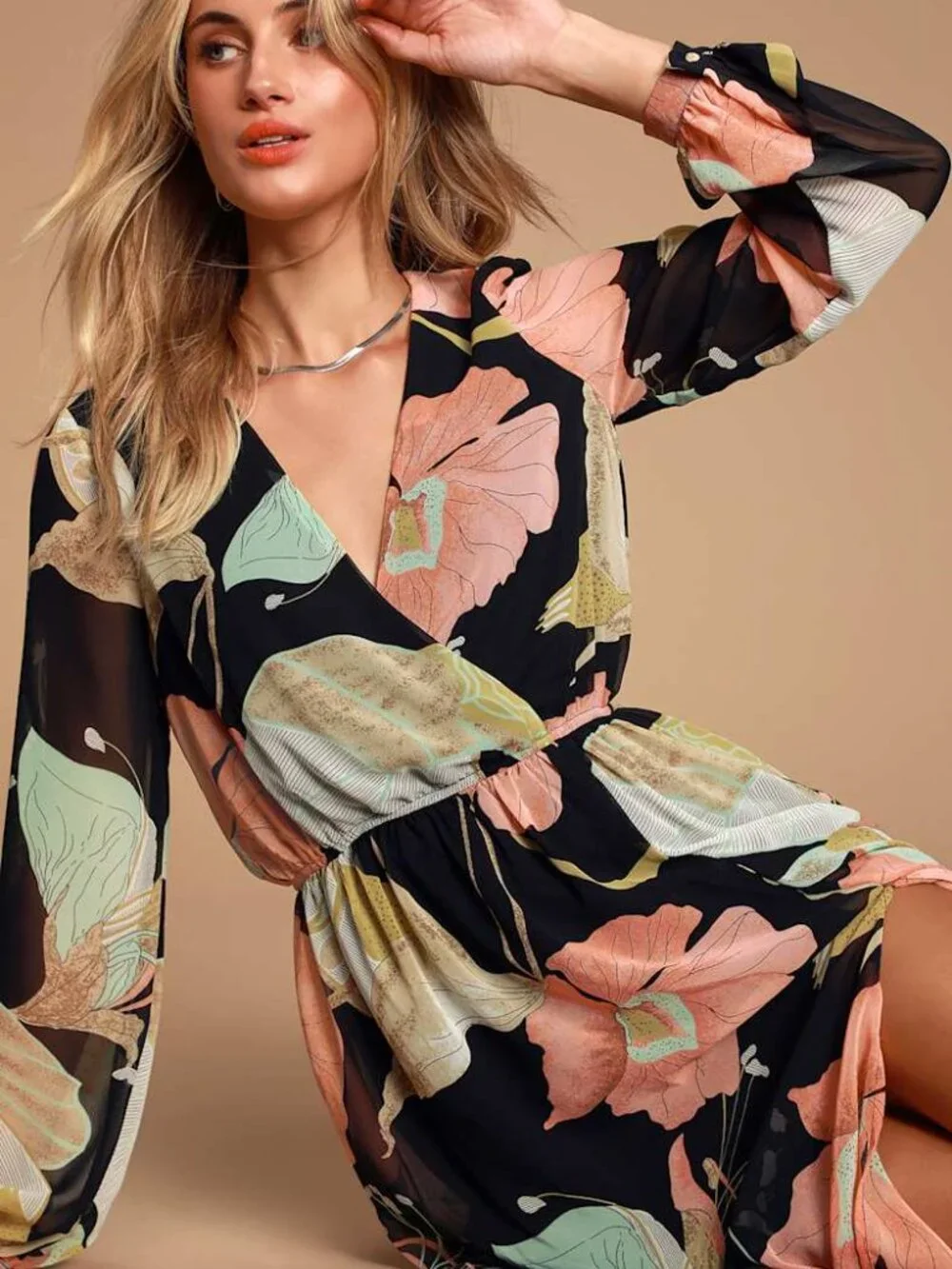 Lulus Wondrous Water Lilies Black Floral Print Maxi Dress Size XS